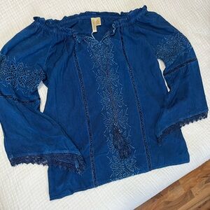 NWOT Studio West Navy Embroidered Boho Blouse
